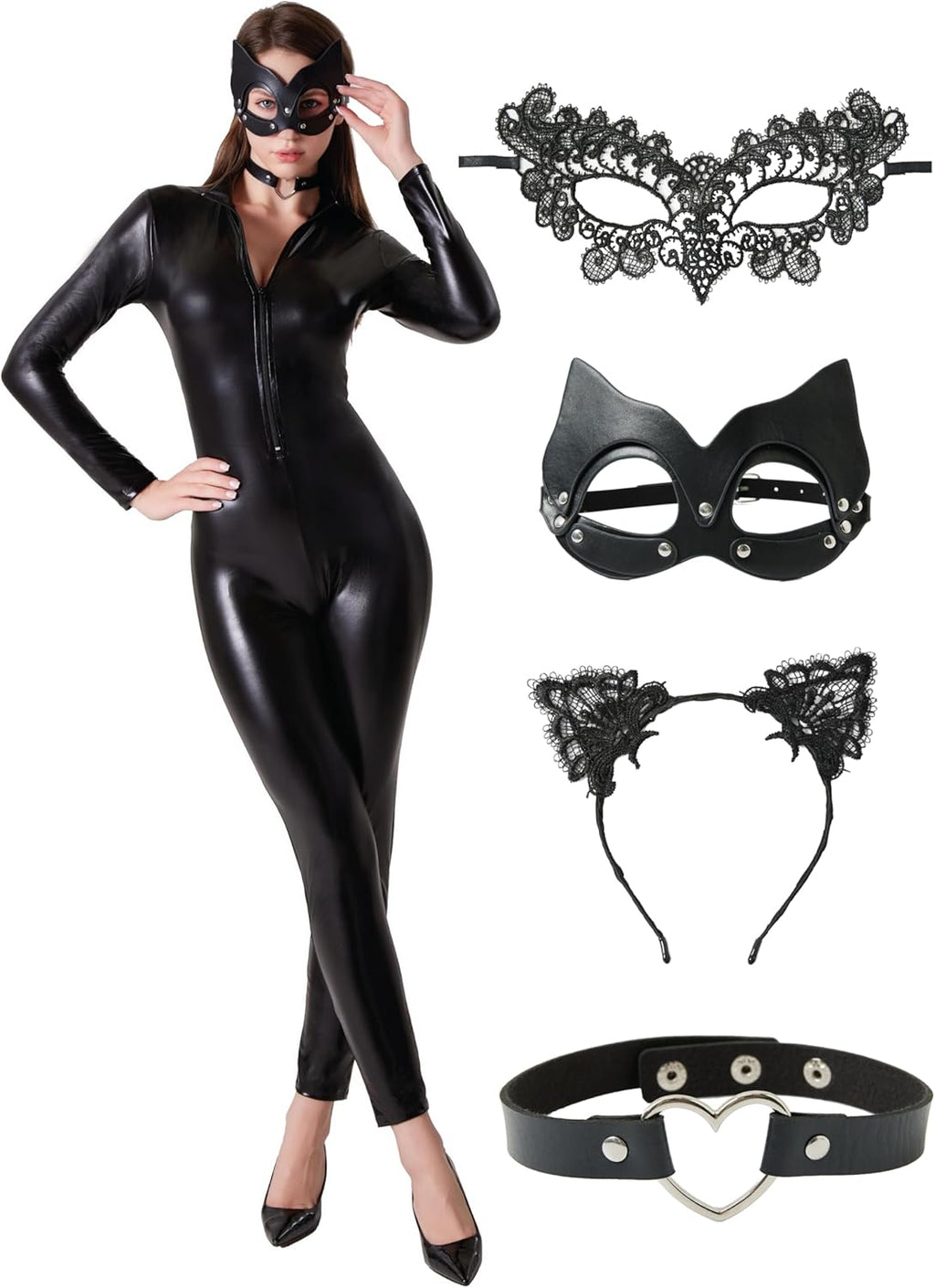 Maxim Party Supplies Leather Catsuit Costume Bodysuit for Women 5 Piece Latex Jumpsuit include 2 Masks, Choker, and Cat Ears
