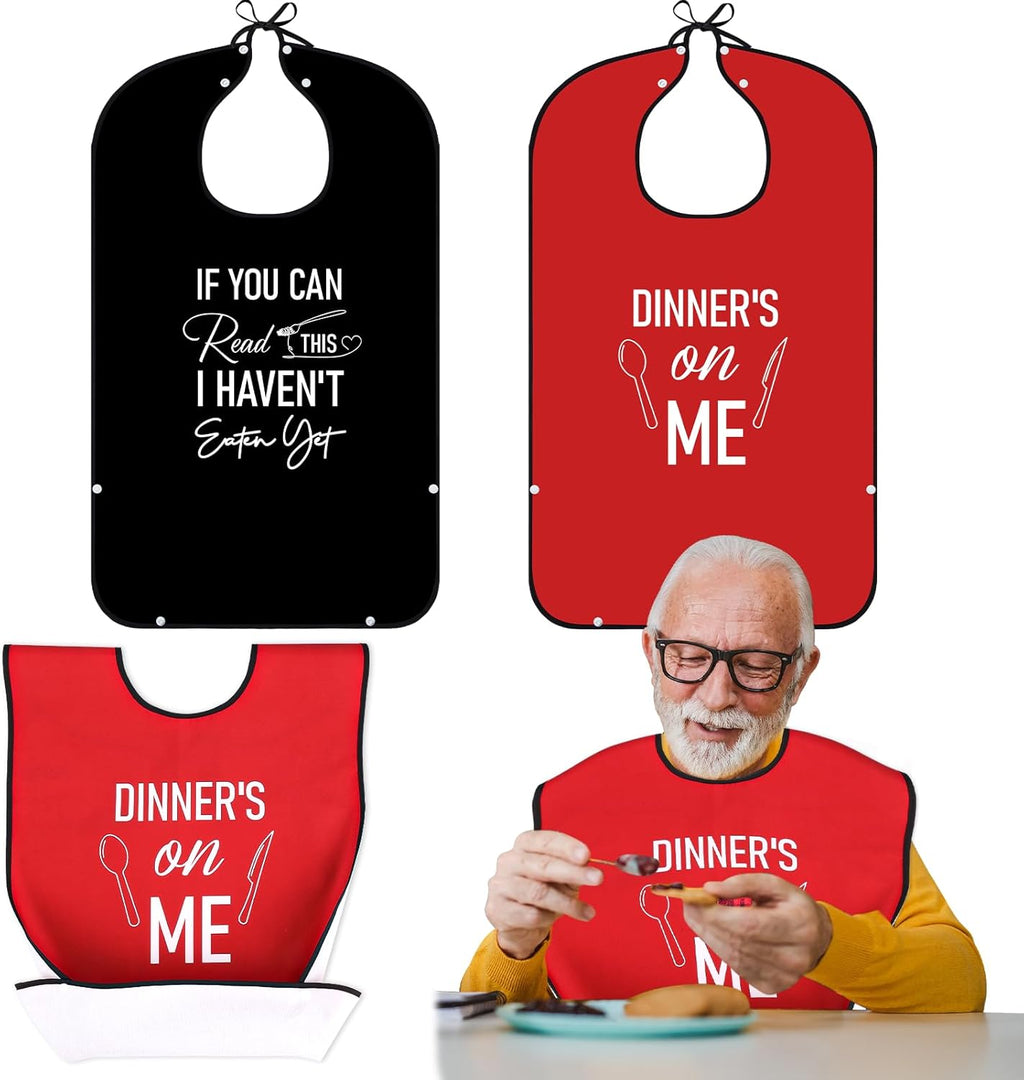 XKDOUS 2 Pack Funny Adult Bibs for Man, Waterproof and Reusable Adult Bibs for Eating with Optional Crumb Catcher,Washable Dining Clothing Protector, Gifts for Women Mom Elderly Men Senior