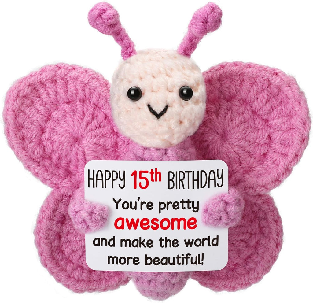 Pink Crochet Butterfly 15th Birthday Gift for Girls, Handmade 4" Amigurumi Plush with “Happy 15th Birthday” Sign, Cute Teen Girl Desk Decor, Small Stuffed Butterfly