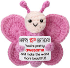 Pink Crochet Butterfly 15th Birthday Gift for Girls, Handmade 4" Amigurumi Plush with “Happy 15th Birthday” Sign, Cute Teen Girl Desk Decor, Small Stuffed Butterfly