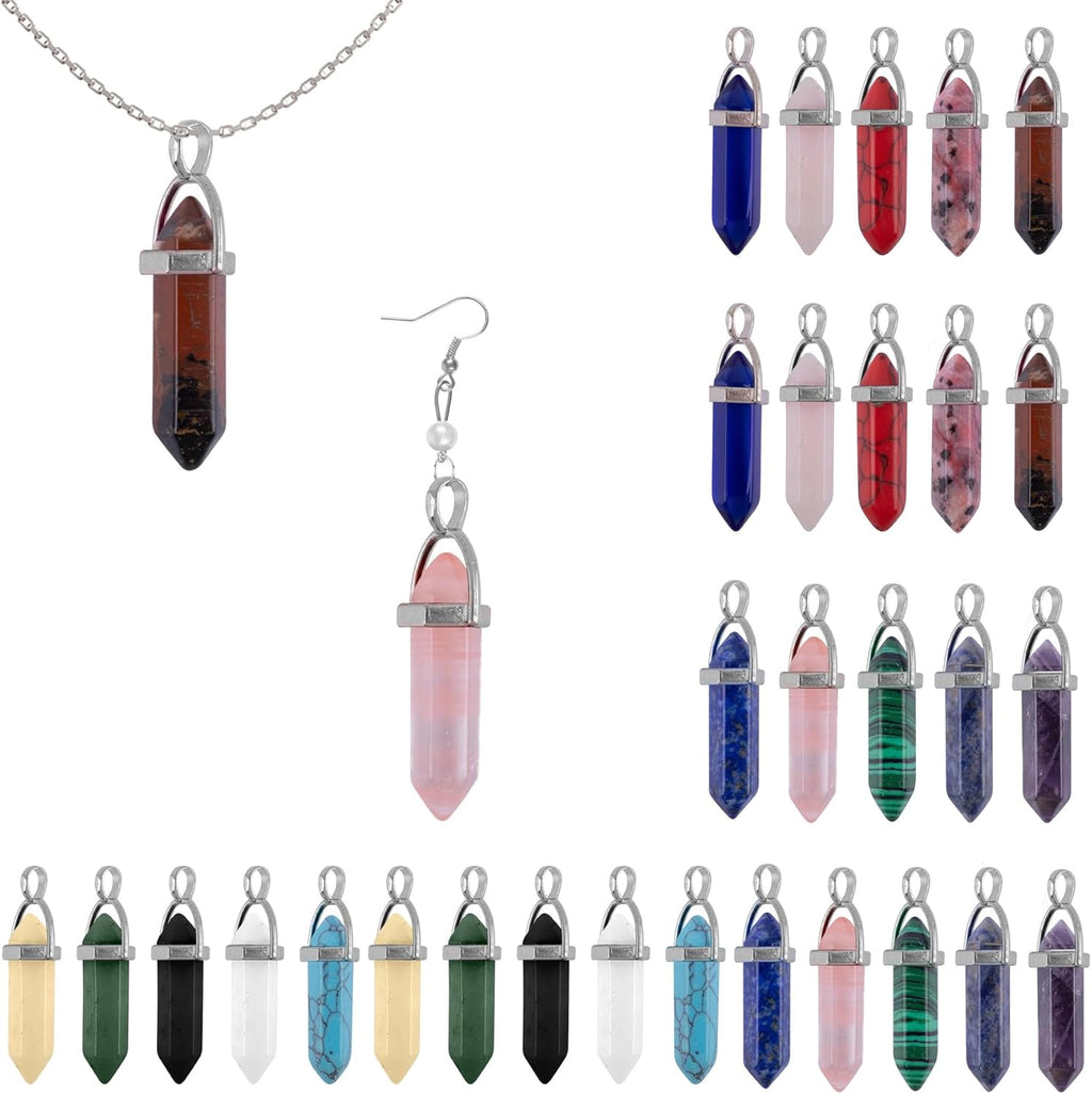 AUEAR, 30 Pack Bullet Shaped Crystal Pendants Hexagonal Pointed Quartz Stone Gemstone Pendant Healing Chakra Charms for Necklace Earring Jewelry Making