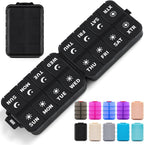 Foldable Weekly Pill Organizer 2 Times a Day with 2 Extra Compartments (Clear Printed Labels) - Portable 7 Day AM PM Medicine Box, Week Daily Travel Pill Case Holder for Vitamin, Supplement - Black