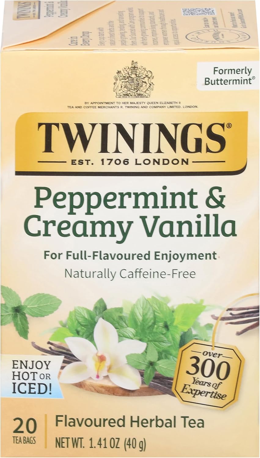 Twinings Peppermint & Creamy Vanilla Tea - A Crisp, Balanced Herbal Tea, Formerly Buttermint, Naturally Caffeine-Free Tea Bags, Individually Wrapped, 20 Count