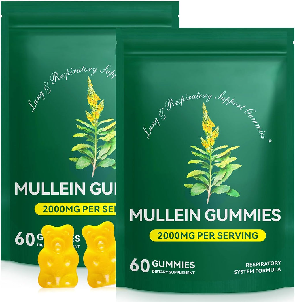 Mullein Gummies for Lung Detox, 2000mg Mullein Leaf Extract for Respiratory & Digestive & Immune Support w/Quercetin, Bromelain, Elderberry & Marshmallow, Vegan 120 Gummies (2 packs 120 gummies)