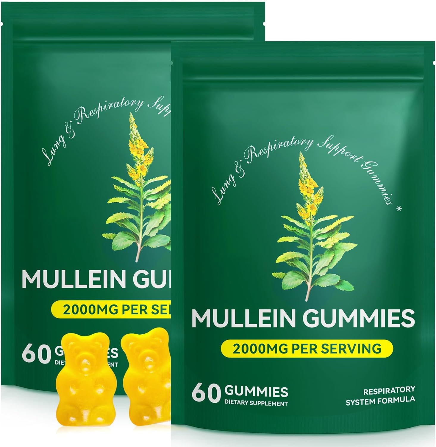 Mullein Gummies for Lung Detox, 2000mg Mullein Leaf Extract for Respiratory & Digestive & Immune Support w/Quercetin, Bromelain, Elderberry & Marshmallow, Vegan 120 Gummies (2 packs 120 gummies)