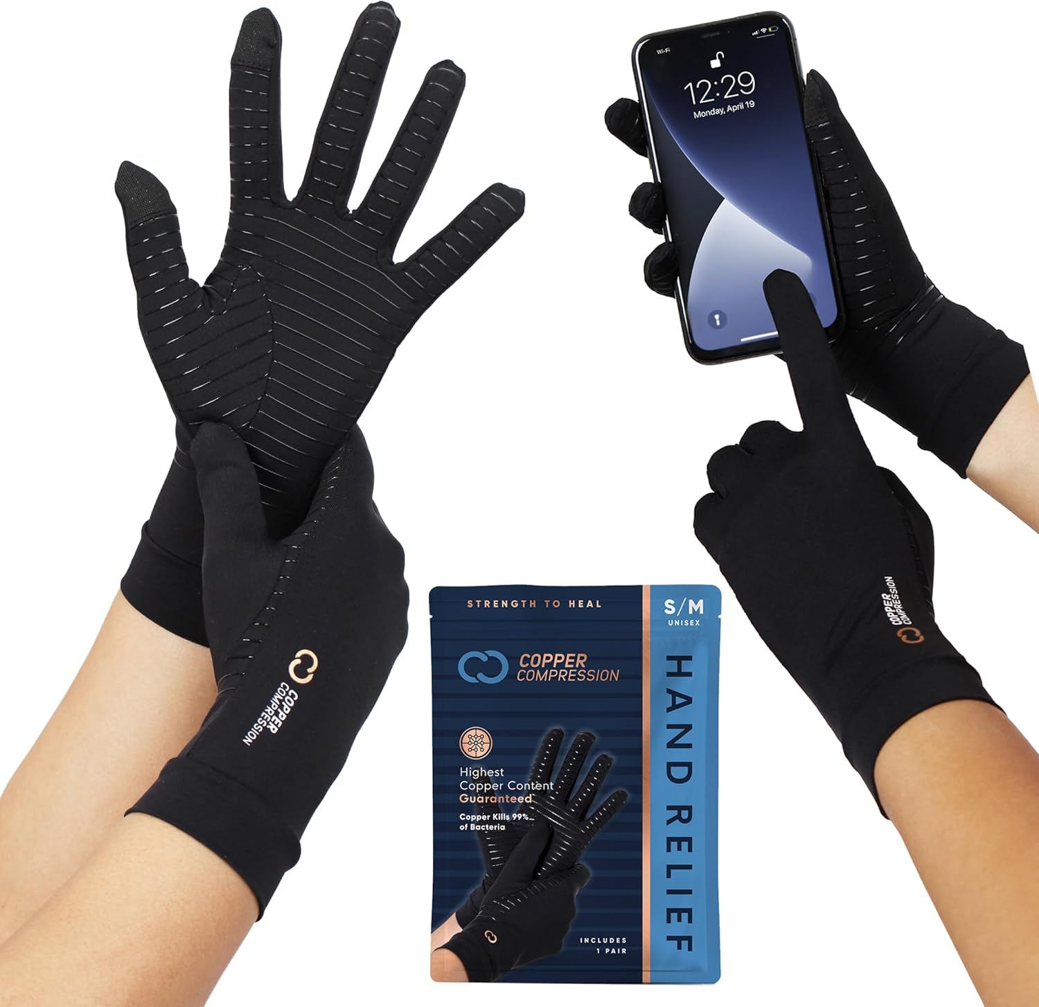 Copper Compression Full Finger Arthritis Gloves - Palm Grips - Touch Screen Fingertips - Compression Support for Carpal Tunnel, Pain Relief, Tendonitis - Fits Men & Women - 1 Pair - M