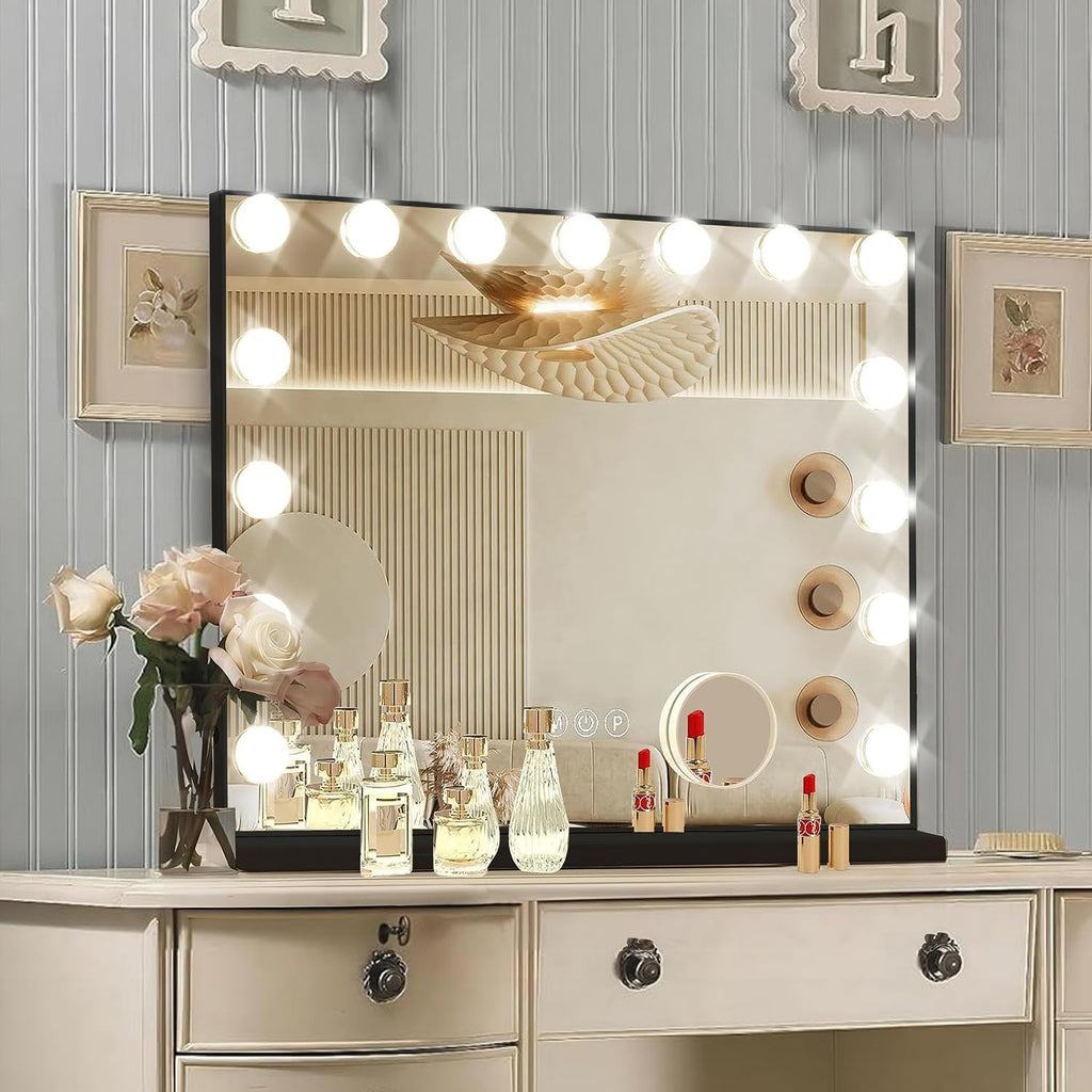 Ratsamee Black Hollywood Vanity Mirror with Lights, 15 Dimmable Bulbs, 3 Color Lights,Make Up Lighted Mirror, Aluminum Metal Frame, USB Charging Port（23" x 18"）