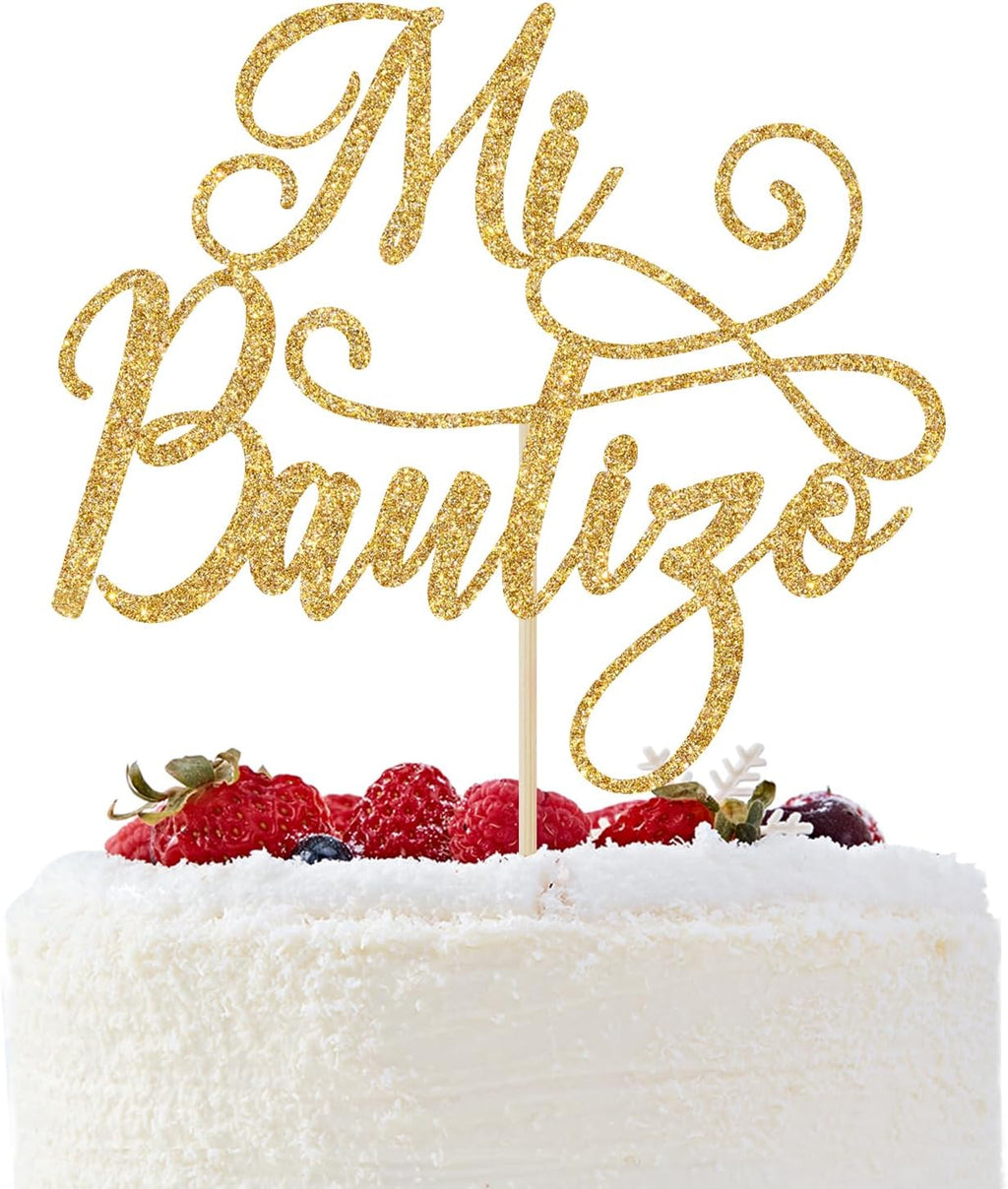 Mi Bautizo Cake Topper, Bapstim Cake Decorations, First Holy Communion, God Bless, Baptism/Christening/Baby Shower 1st Birthday Party Decorations Gold Glitter