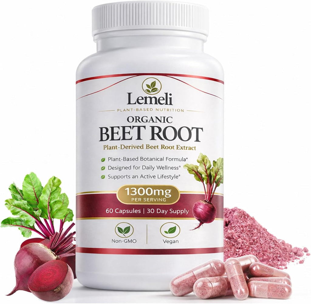 Beetroot 1300mg, Nitric Oxide Support Formula with Beet Root Extract, Vitamin C & Black Pepper, Plant-Based Daily Wellness Supplement, 60 Vegan Capsules