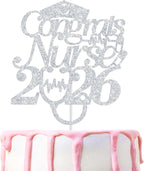 Congrats Nurse 2026 Cake Topper, Future RN/BSN/NP/LPN, Nursing School Grauation Party Decorations Supplies, Silver Glitter