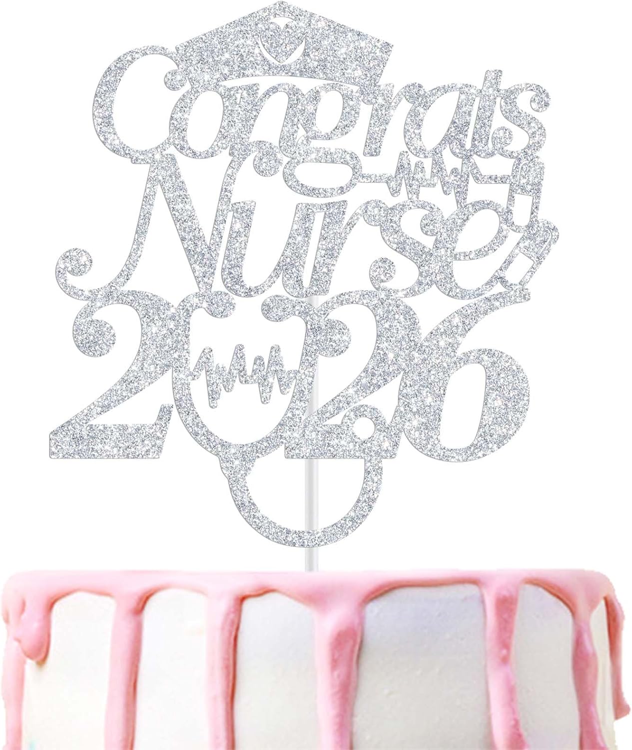 Congrats Nurse 2026 Cake Topper, Future RN/BSN/NP/LPN, Nursing School Grauation Party Decorations Supplies, Silver Glitter