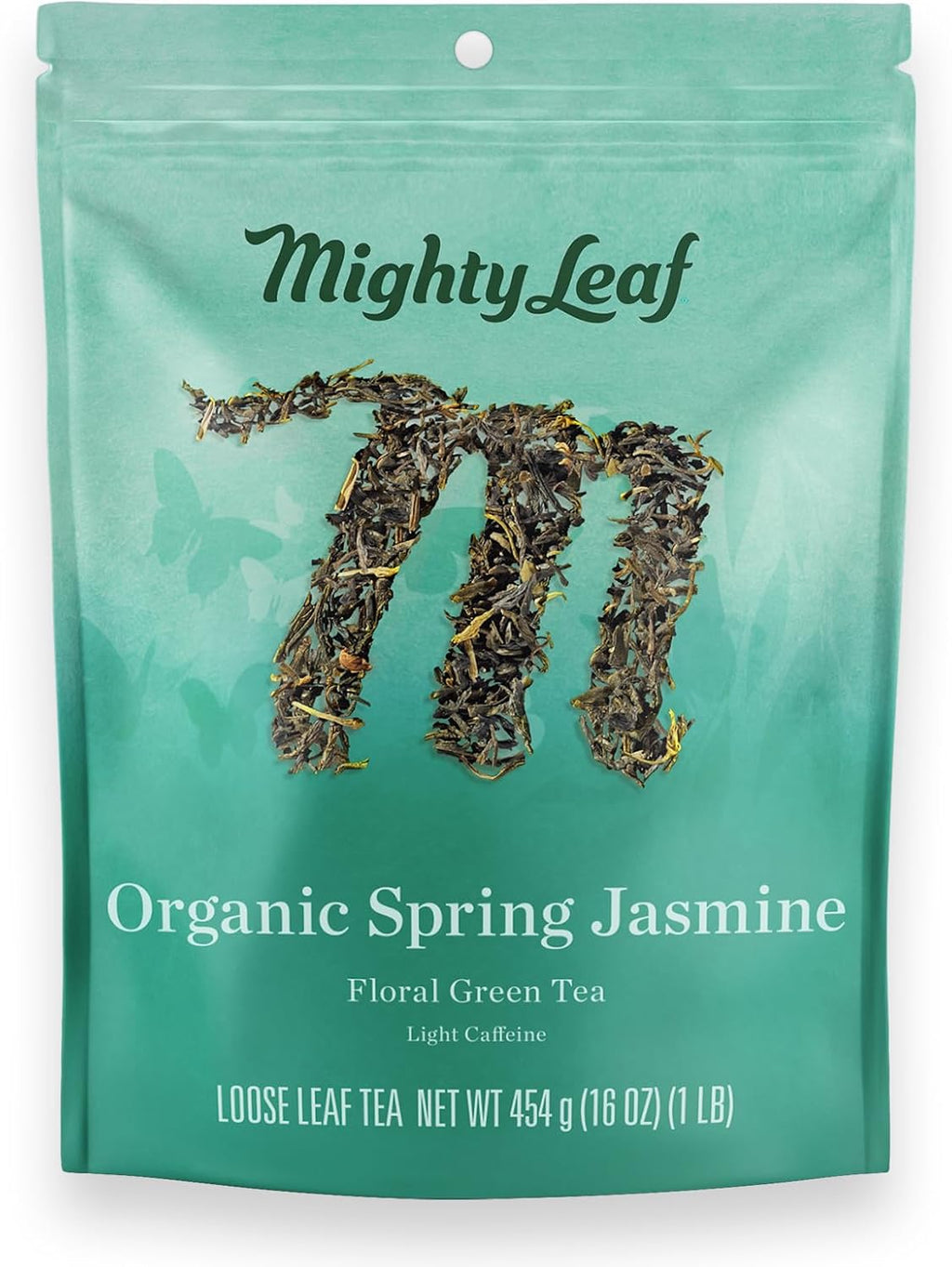 Mighty Leaf Organic Spring Jasmine Green Tea – 1 lb Bulk Loose Leaf Bag – Lightly Caffeinated Premium Whole Leaf Green Tea Naturally Scented with Jasmine Blossoms – Hot or Iced Brewing