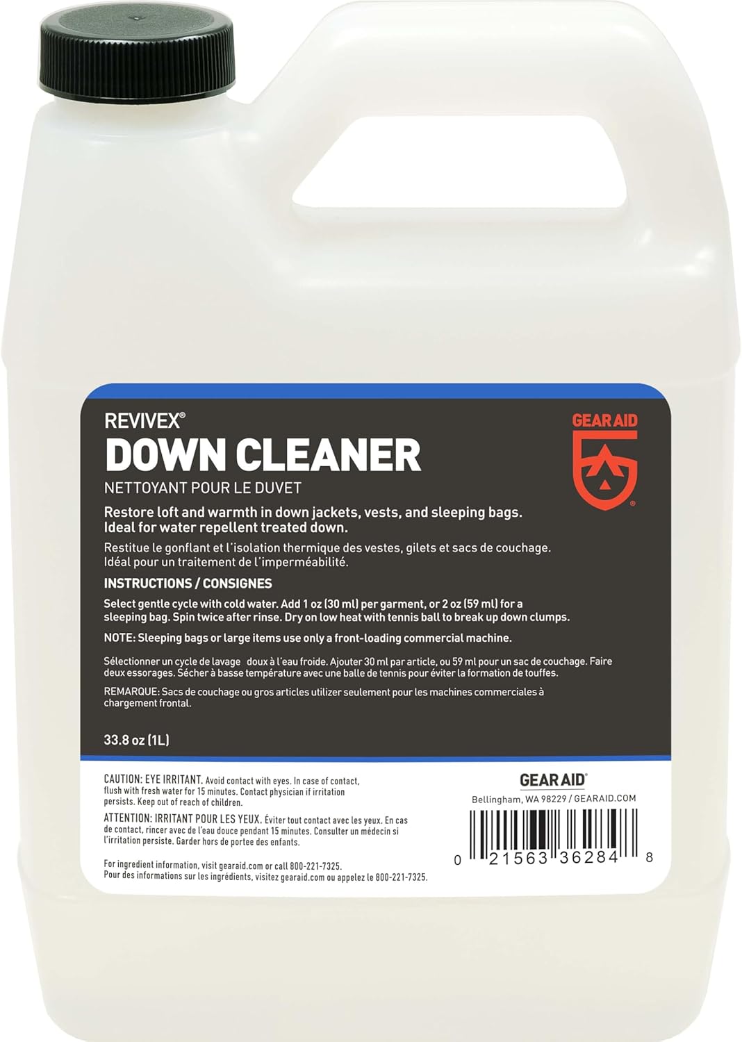 GEAR AID Revivex Down Cleaner for Washing and Restoring Loft in Puffer Jackets, Vests, Blankets, Feather-filled Pillows, Comforters and Sleeping Bags, 1 Liter (33.8 fl oz)