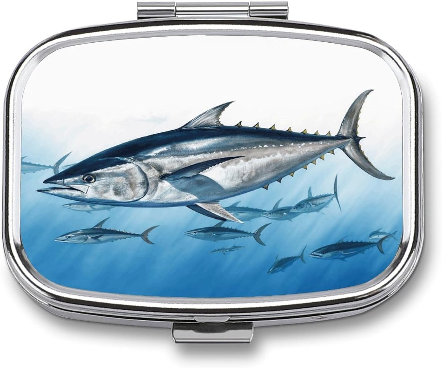 Bluefin Tuna Thunnus Pill Organizer with 2 Compartments Portable Pill Container Small Pill Box for Purse Travel Essentials Metal Pill Case Mini Medicine Container for Daily Use