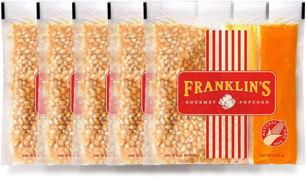 Franklin’s Gourmet Popcorn All-In-One Popcorn Packs for Popcorn Machine - 8oz Pack of 10 - Made in USA - Packs of Corn Kernels with Buttery Salt & Oil