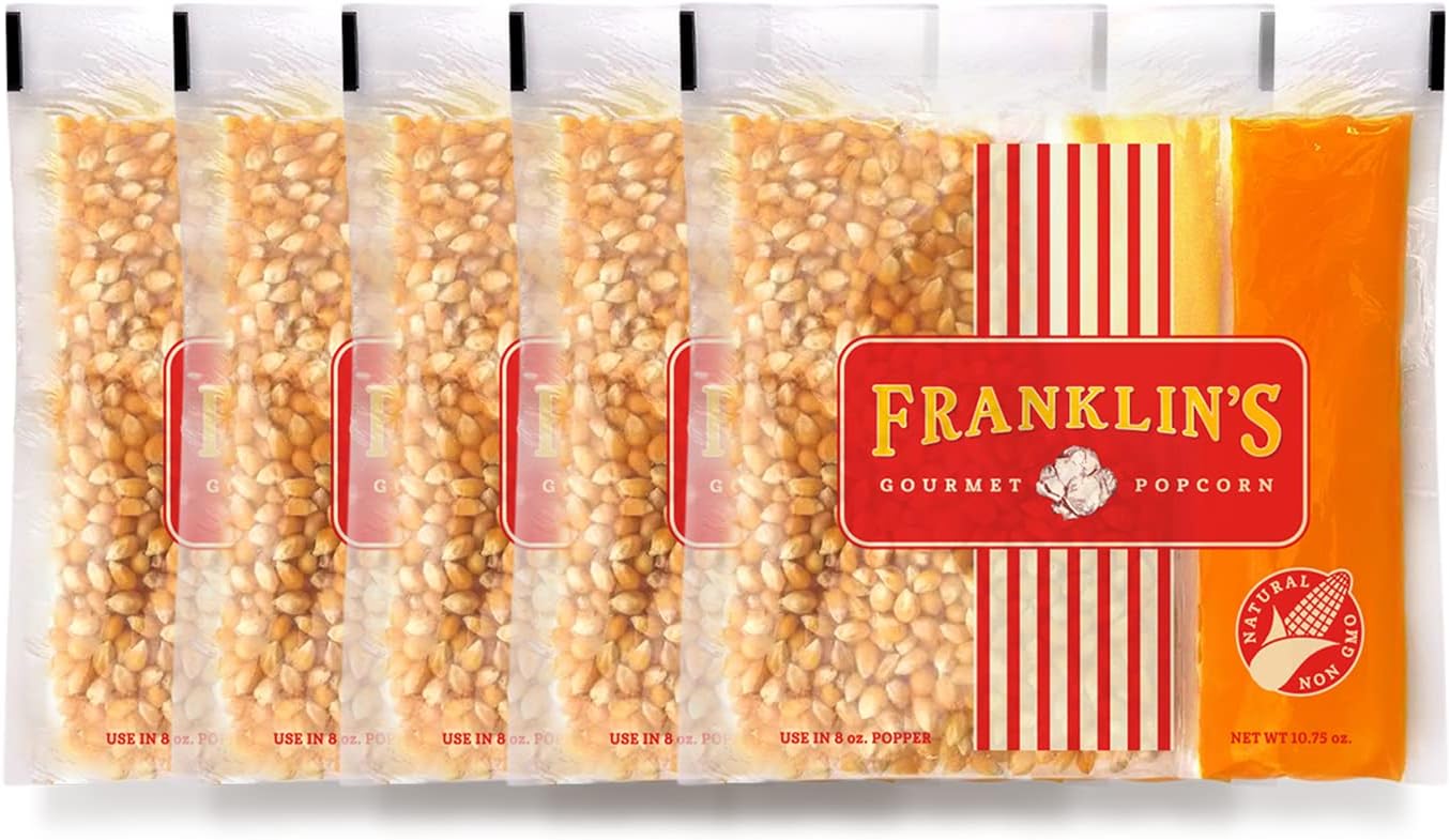 Franklin’s Gourmet Popcorn All-In-One Popcorn Packs for Popcorn Machine - 8oz Pack of 10 - Made in USA - Packs of Corn Kernels with Buttery Salt & Oil