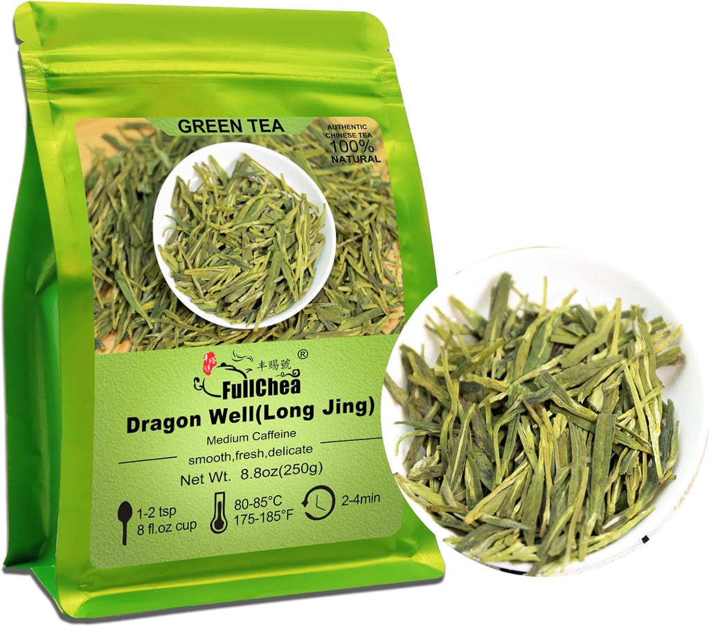 FullChea - Longjing Tea - Dragonwell Tea - Chinese Green Tea Loose Leaf - Toasty Bean Aromatic - Lung Ching Dragon Well (8.8oz / 250g)