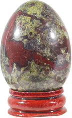 2" Natural Dragon Bloodstone Egg with Wood Stand for Home Decoration, Polished Crystal Pocket Palm Sphere Fengshui Figurines Healing Reiki