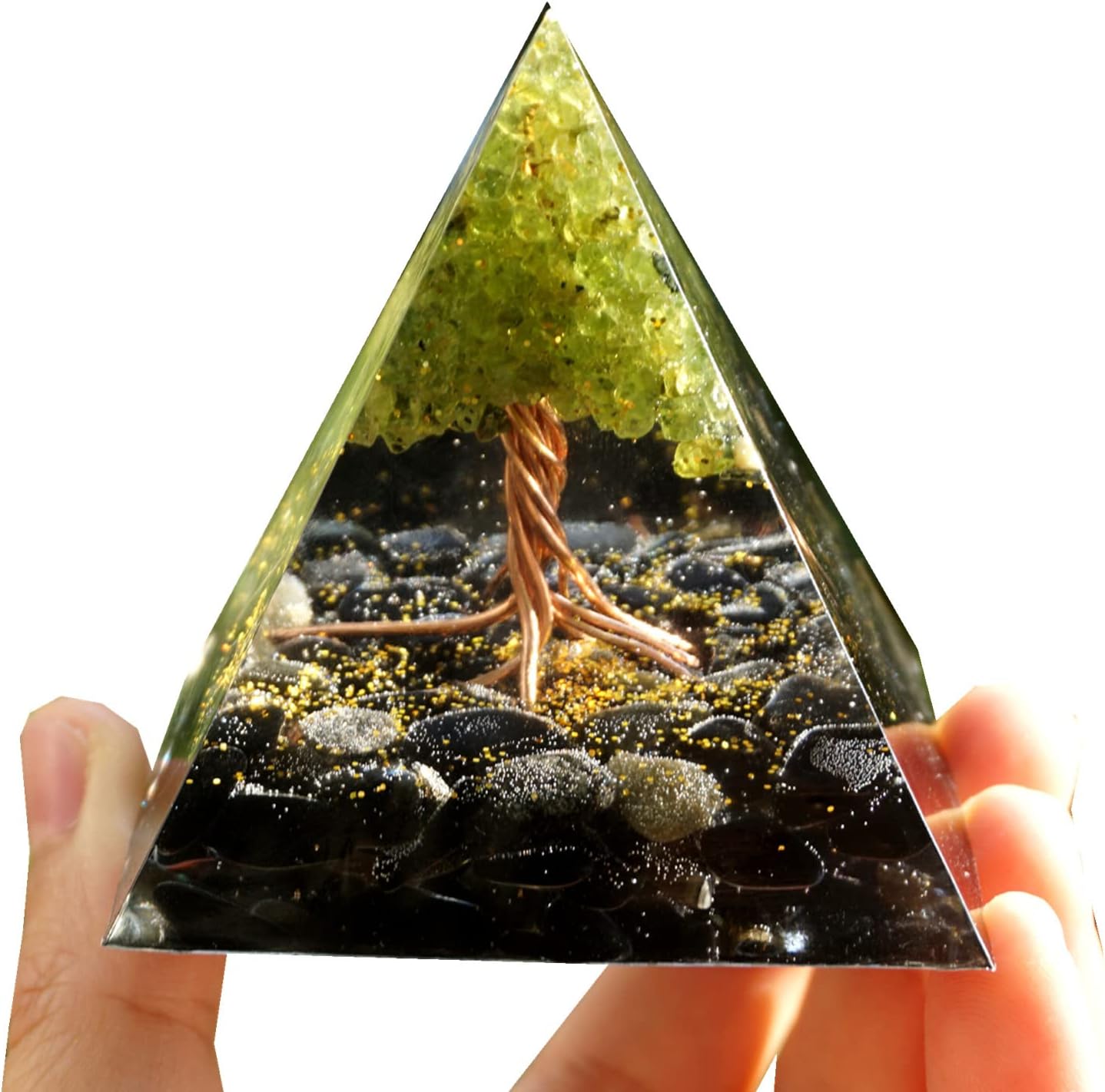 Handmade Tree of Life Orgonite Pyramid Peridot with Obsidian Crystal Stone Positive Reiki Energy Generator Healing Orgone Collection