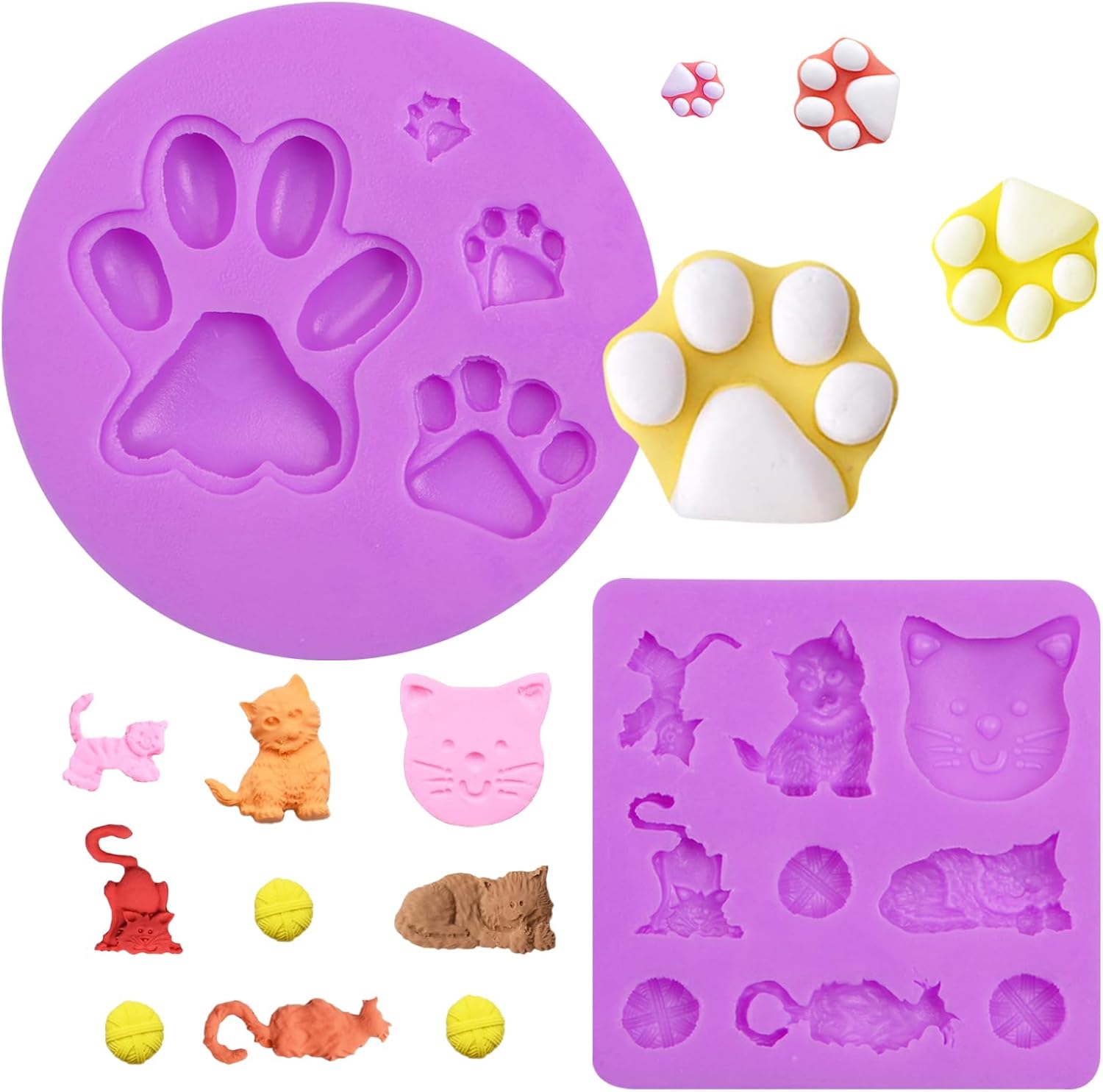 Cat Silicone Molds Cat Paw Chocolate Molds for Cartoon Animal Baking Mold for Candy Gumpaste Cupcake Cake Decorating Polymer Resin Set of 2