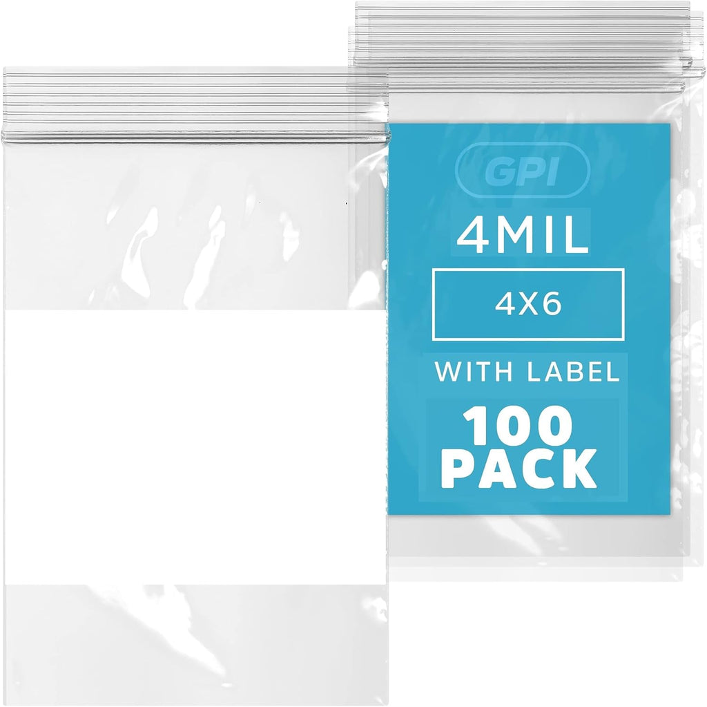 GPI - 4" x 6" - Bulk Pack of 100, 4 Mil Thick, Heavy Duty, Clear Plastic Reclosable Zip Bags, With Write-on White Block for Labeling, Strong & Durable Poly Baggies With Resealable Zipper Top Lock.
