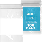 GPI - 4" x 6" - Bulk Pack of 100, 4 Mil Thick, Heavy Duty, Clear Plastic Reclosable Zip Bags, With Write-on White Block for Labeling, Strong & Durable Poly Baggies With Resealable Zipper Top Lock.