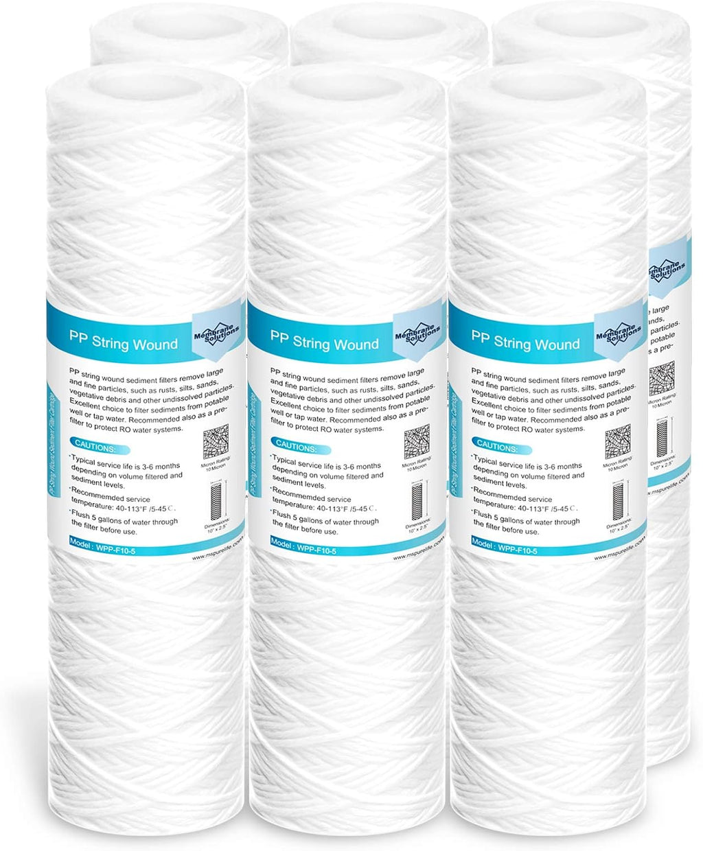 Membrane Solutions 10 Micron 10"x2.5" String Wound Whole House Water Filter Replacement Cartridge Universal Sediment Filters for Well Water - 6 Pack