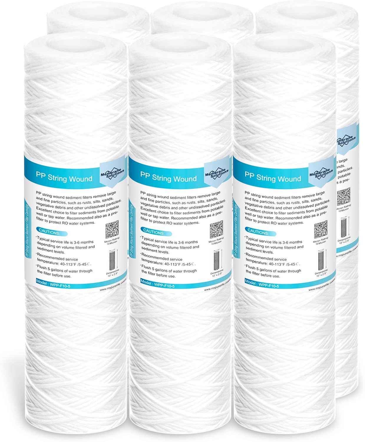 Membrane Solutions 10 Micron 10"x2.5" String Wound Whole House Water Filter Replacement Cartridge Universal Sediment Filters for Well Water - 6 Pack