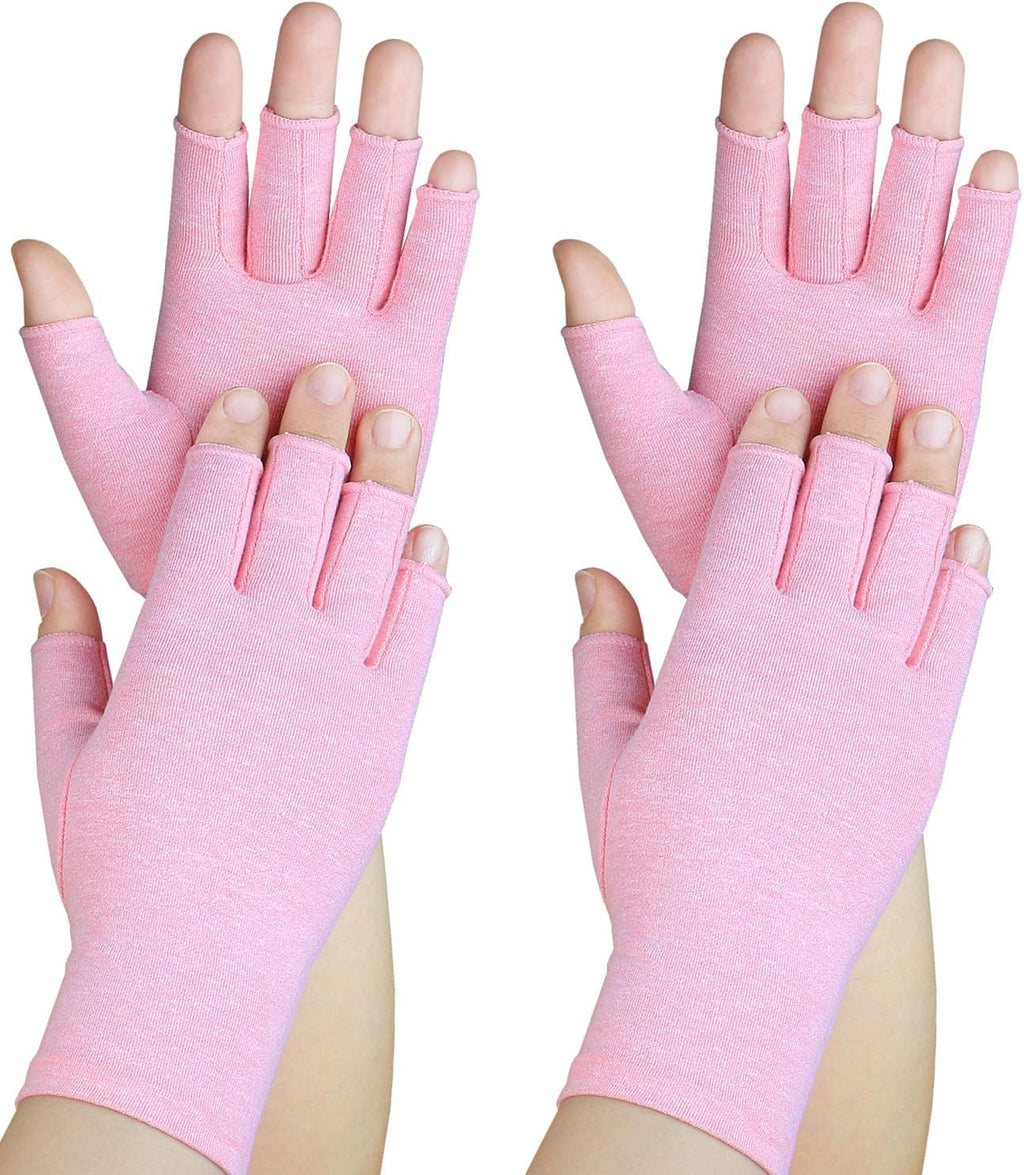 2 Pairs Arthritis Gloves, Hand Compression Gloves for Rheumatoid, Pain Relief, Carpal Tunnel, Swelling, Joint Support, Driving Fingerless Gloves for Women Men (Pink, Large)