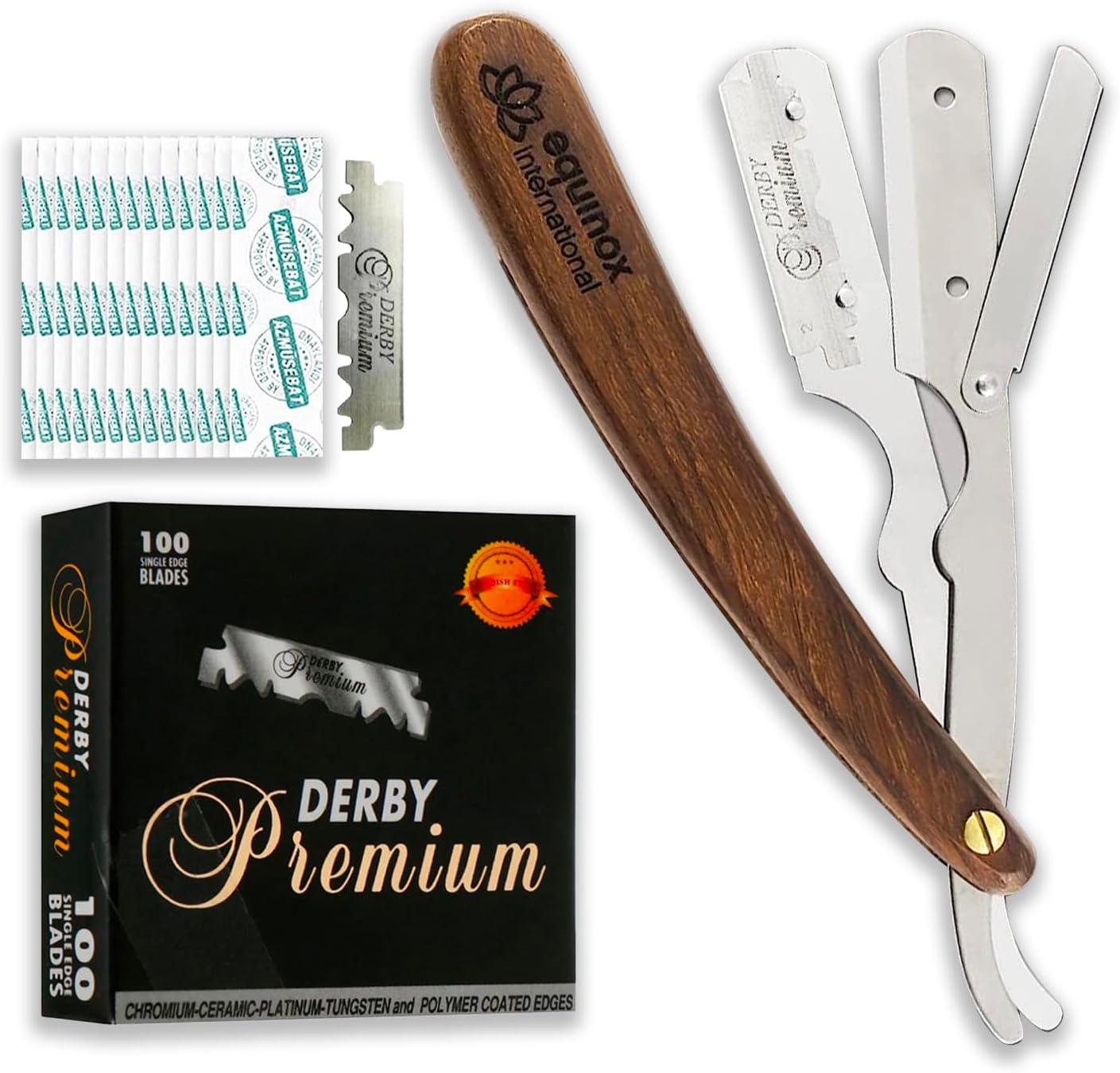 Equinox Fancy Straight Edge Razor - Manual Shaver for Men - Includes 100 Disposable Derby Blades - Wooden Handle - Barber Kit - Straight Razors for Men - Navajas para barbero - retro straight razor