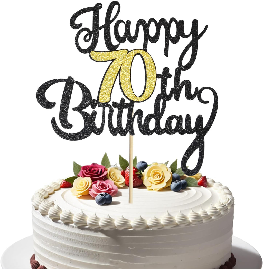 70th Happy Birthday Cake Topper, Glitter Happy 70th Birthday Cake Topper for Birthday Party Cake Decoration(Black with Gold)