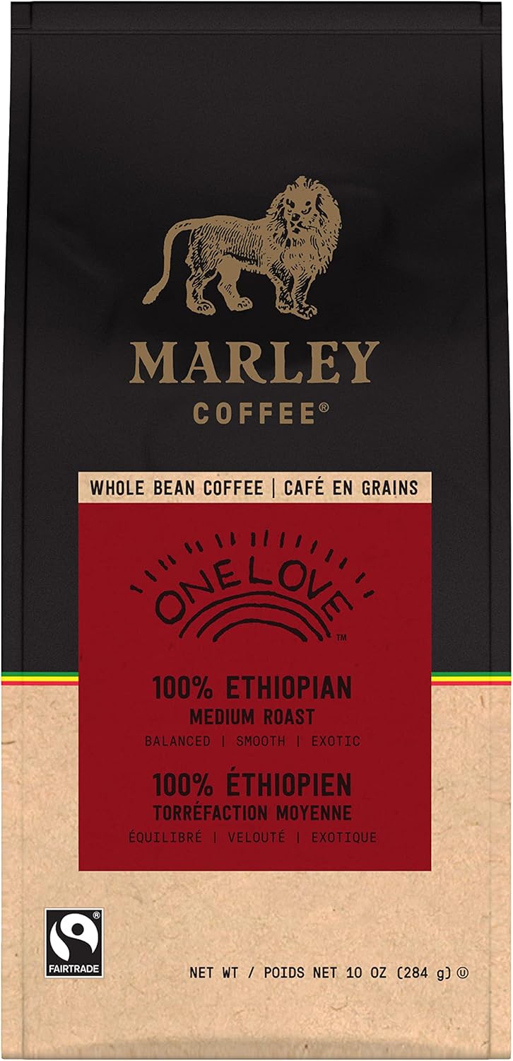 Marley Coffee One Love 100% Ethiopian Wholebean Coffee, Medium Roast, 10 Ounces