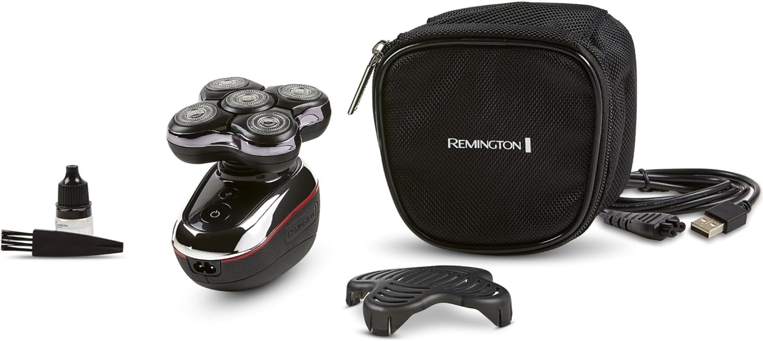 Remington Balder Deluxe XR7100, Head Rotary Shaver with Titanium Blades & Storage Pouch for Bald Men Wet/Dry Shaving with 5 Dual Track Flexing Heads and Pop-Up Trimmer