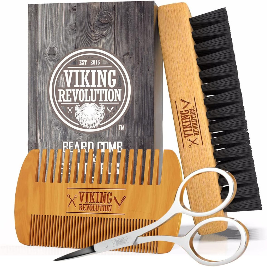 Viking Revolution Beard Comb & Beard Brush Set for Men -- Natural Boar Bristle Brush and Dual Action Pear Wood Comb w/Velvet Travel Pouch - Great for Grooming Beards and Mustaches