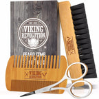 Viking Revolution Beard Comb & Beard Brush Set for Men -- Natural Boar Bristle Brush and Dual Action Pear Wood Comb w/Velvet Travel Pouch - Great for Grooming Beards and Mustaches