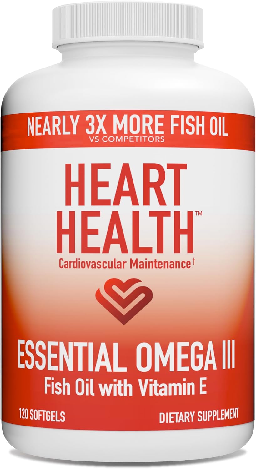 Heart Health Essential Omega III Fish Oil with Vitamin E – High EPA & DHA for Heart, Triglyceride & Blood Flow Support, Lemon Oil, Gluten-Free, Non-GMO, 60 Servings