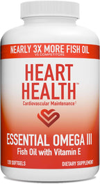 Heart Health Essential Omega III Fish Oil with Vitamin E – High EPA & DHA for Heart, Triglyceride & Blood Flow Support, Lemon Oil, Gluten-Free, Non-GMO, 60 Servings