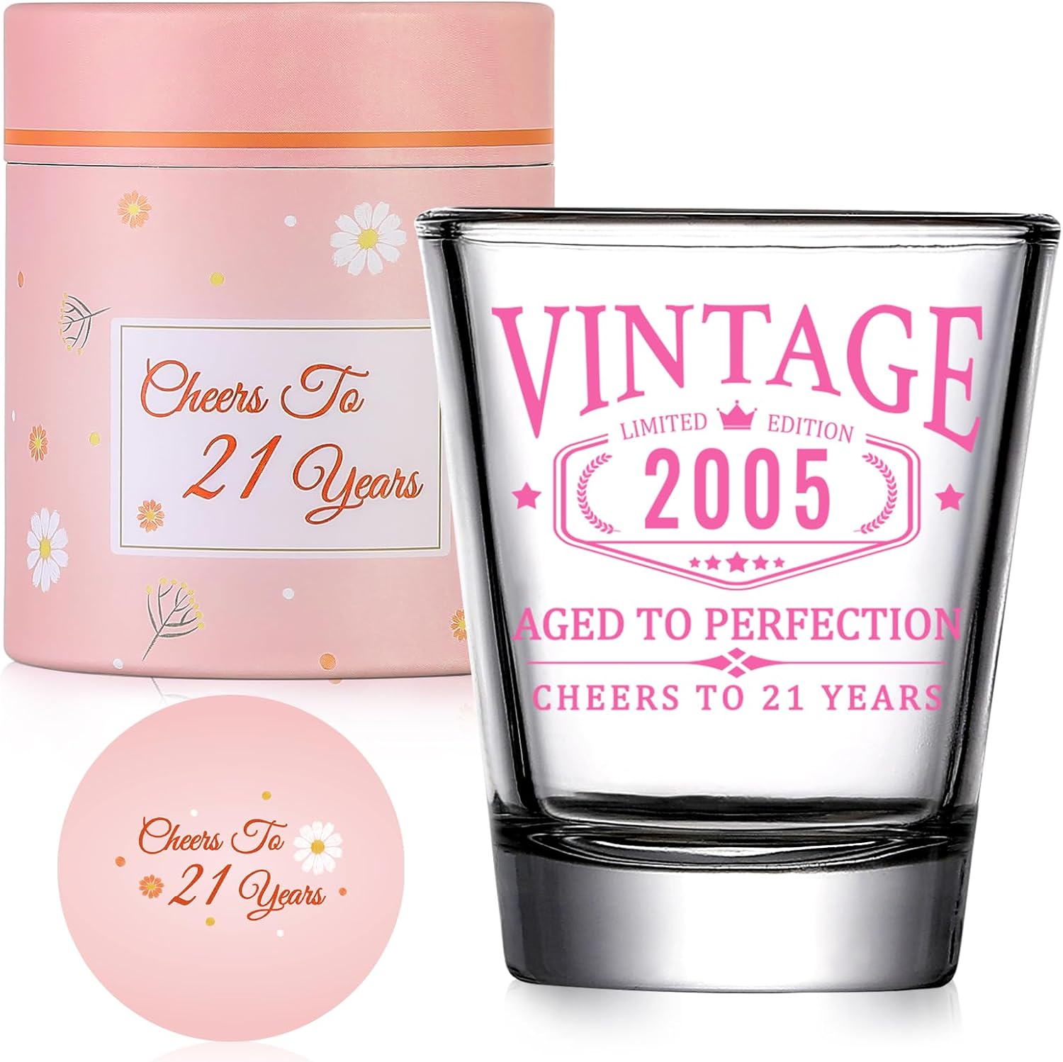 21st Birthday Gifts for Her - Limited Edition Shot Glass - Vintage 2005 Cheers To 21 Years, Finally 21 Party Decorations Supplies - Turning 21 Bday Present for Girl Women Sister Daughter Friends