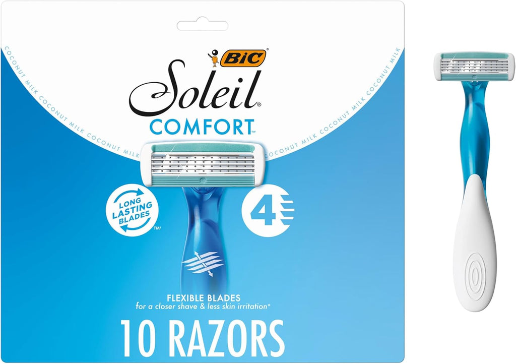 BIC Soleil 4 Women's Disposable 4-Blade Razors, Flexible Pivoting Head and Non-Slip Grip Handles, 10-Pack