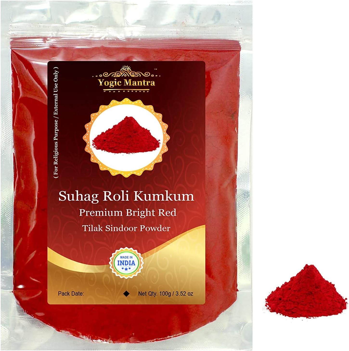 Yogic Mantra Suhag Roli Kumkum Powder (100g Resealable Pouch) Premium Bright Red Color Sindoor Ceremonial Mark - Hindu Pooja, Bridal Sindur Tilak, Suhag Tikka, Indian Rakhi & Puja Religious Ceremony