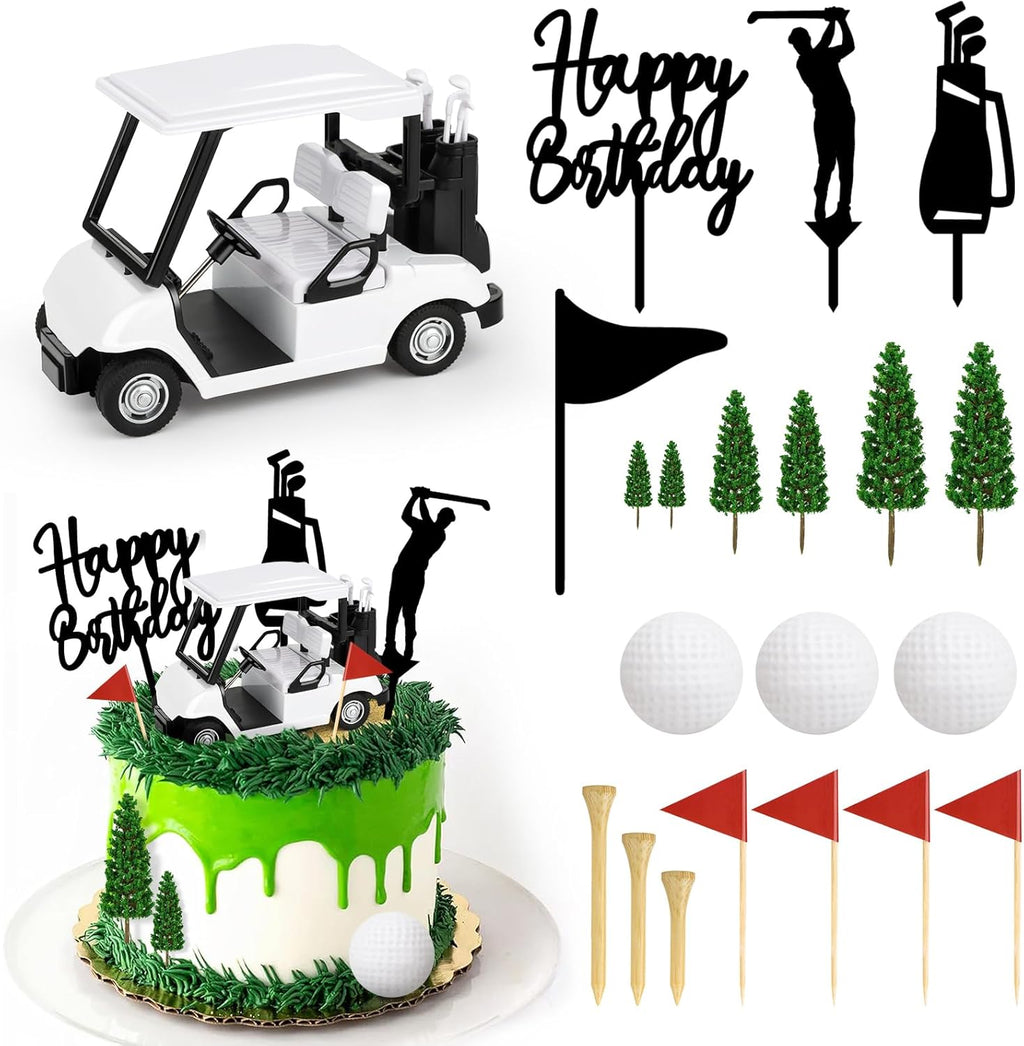 21 Pieces Golf Cake Decorations With Mini Cart, Ball, Green Tree, Clubs, Red Flag Cupcake Toppers for Sports Theme Birthday Party Decor Supplies