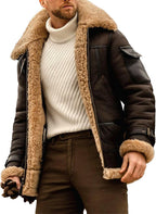 Vintage Fur Collar Sherpa Leather Coat for Men Winter Warm Thicken Leather Jacket Classic Motorcycle Bomber Overcoat