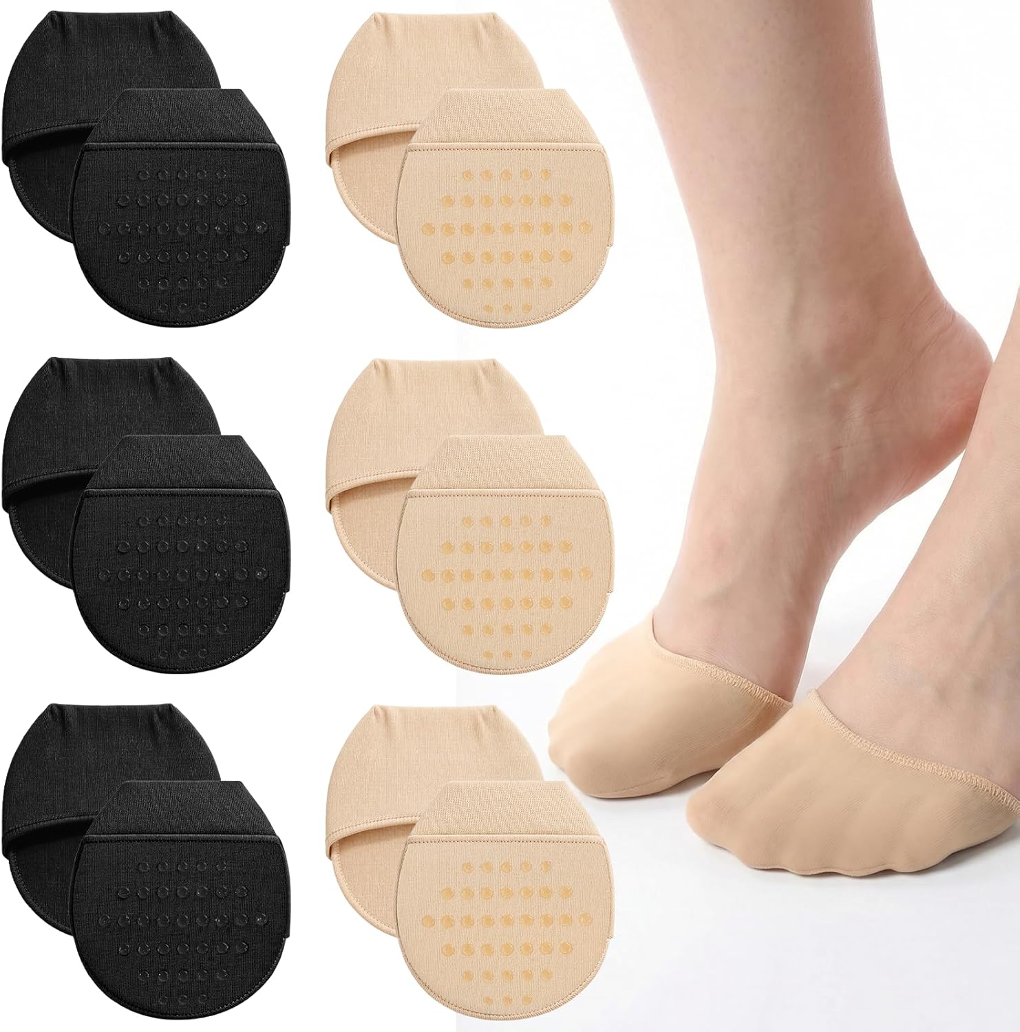 6 Pairs Ball of Foot Cushion Socks, No Show Liner Half Sock for Women Non-Slip Seamless Sandal Flat Socks Womens Toe Cover with Padding Toe Topper Liner Sock for Women Flats High Heels