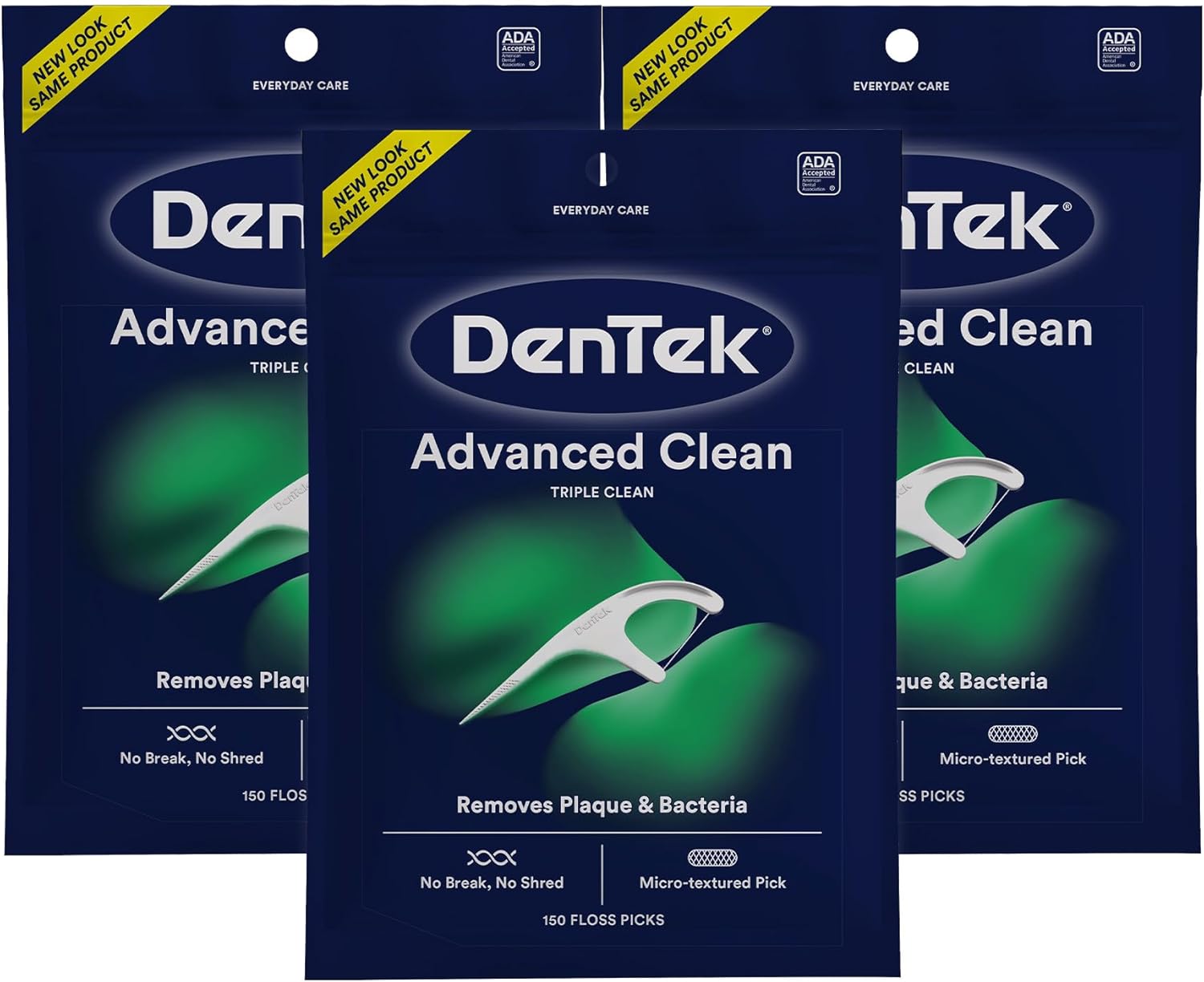 DenTek Advanced Clean Floss Picks with No Break & No Shred Dental Floss, Plaque Remover, 150 Count, Pack of 3