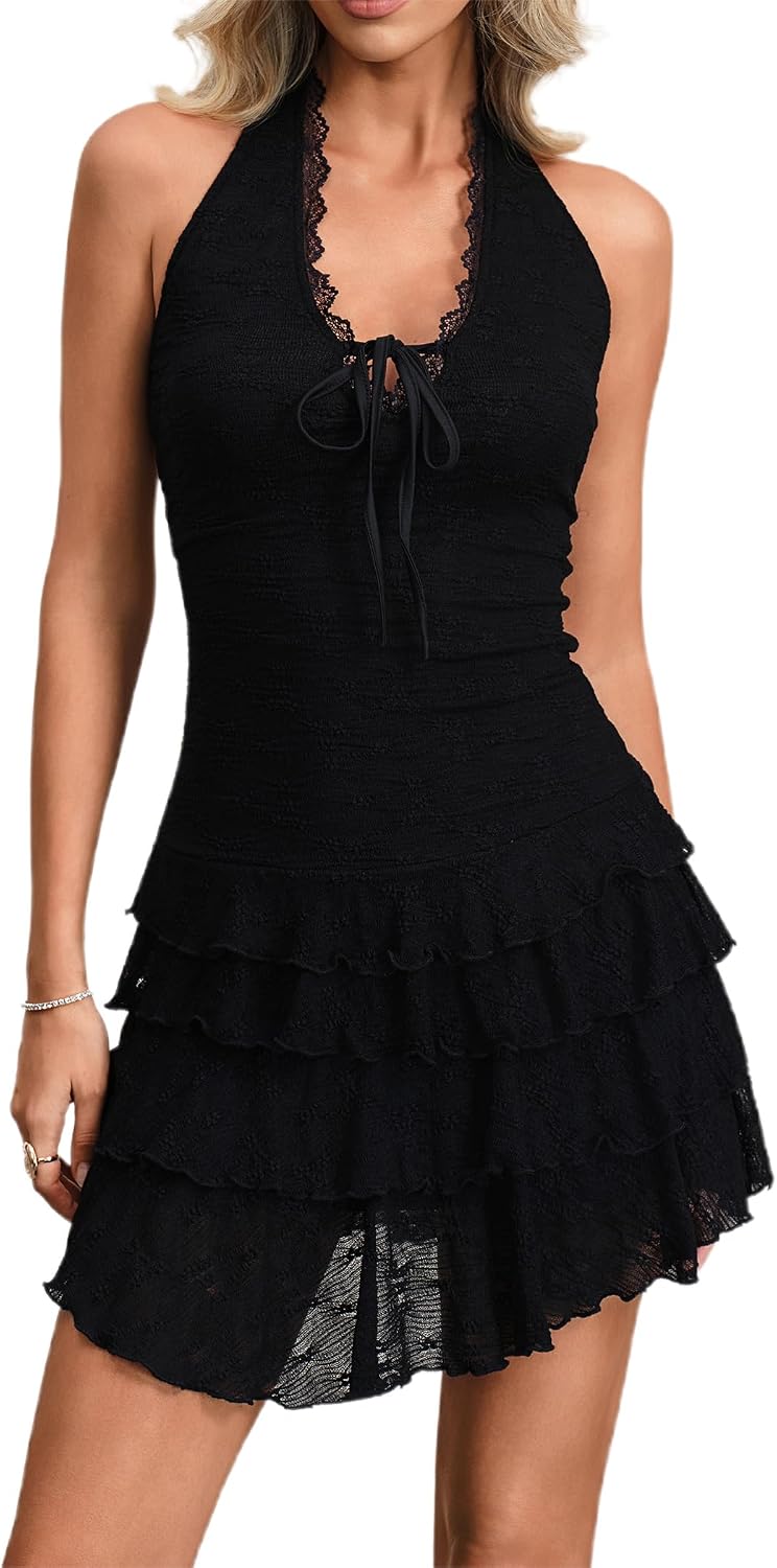 HYPERFIRE Women's Halter Backless Lace Western Cowgirl Dress Layered Hem Festival Outfit
