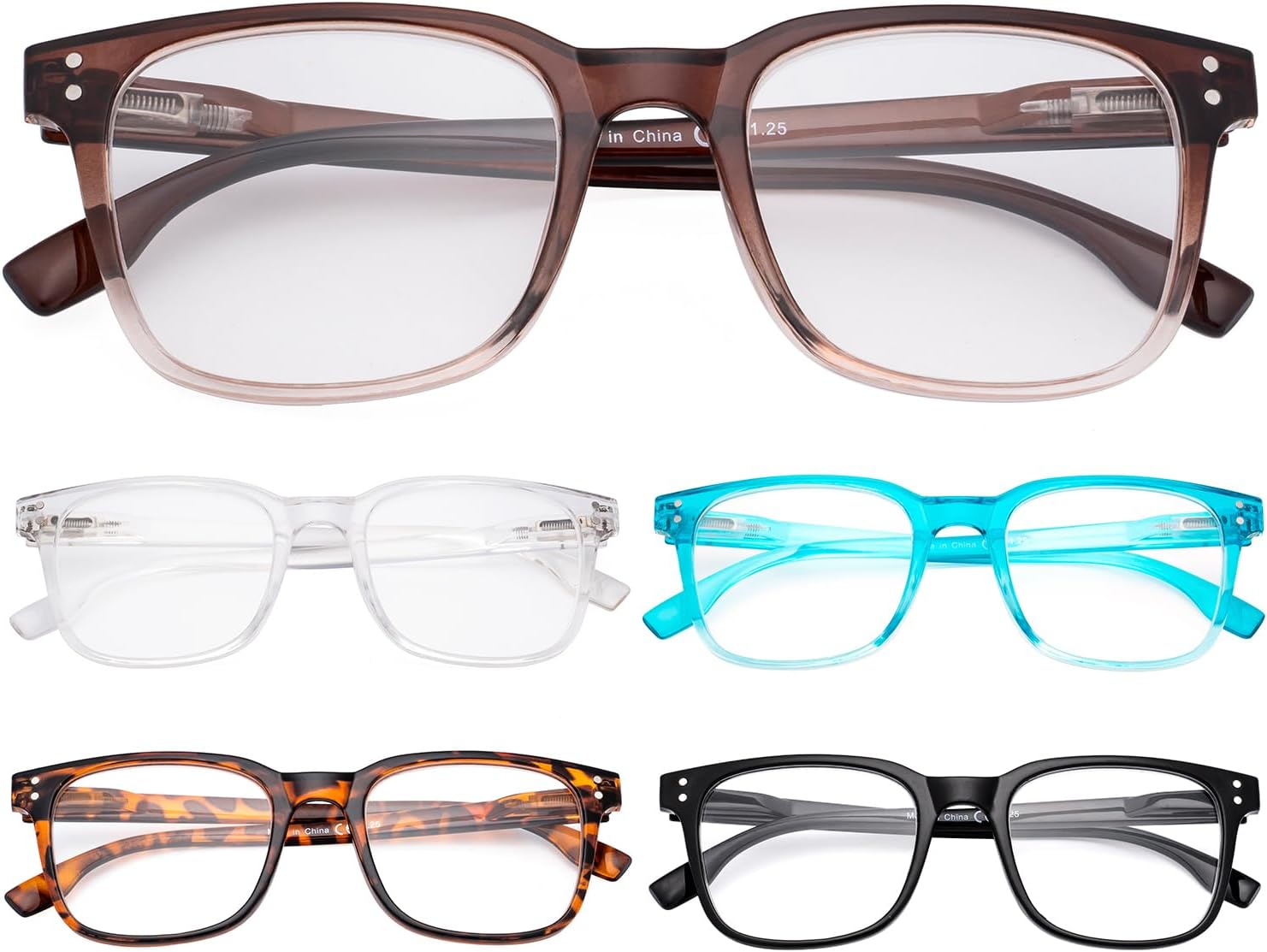 Eyekepper 5 Pack Large Reading Glasses - Square Readers for Men Women Reading +0.75