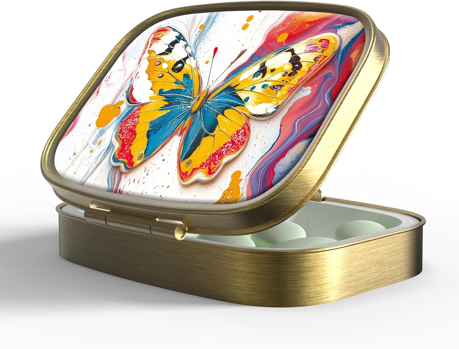 Small Pill Box Pill Case with Mirror Retro Pocket 2 Compartment Pill Holder for Purse or Pocket Bronze Portable Medicine Vitamin Container Fish Oil and Supplement Storage BPA-Free(Marble Butterfly)