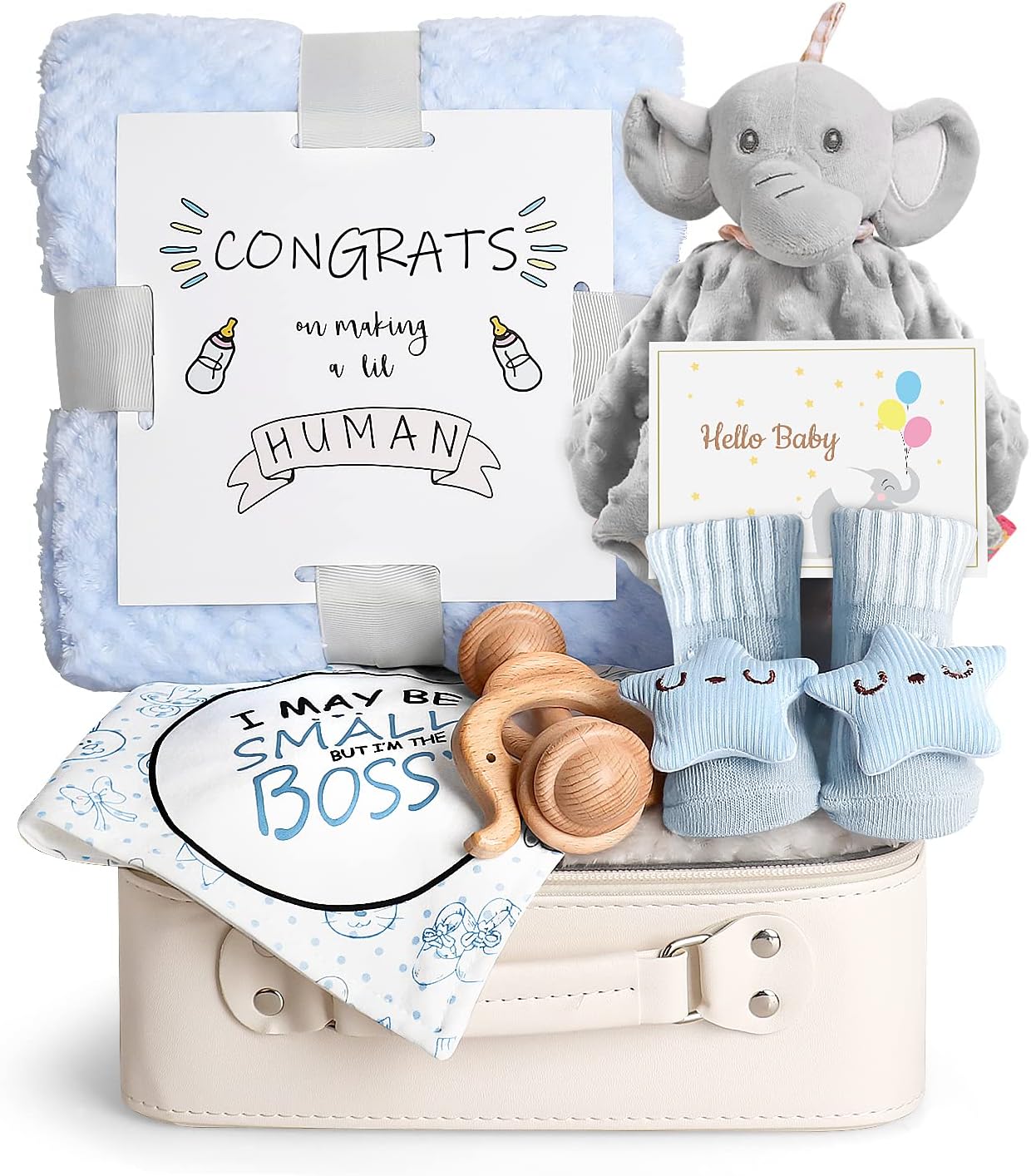 iAOVUEBY Baby Shower Gifts, Baby Boy Gift Basket Set Newborn Blanket Elephant Lovey Baby Security Blanket Wooden Rattle Toy, Funny Bibs Socks & Greeting Card, New Boys Baby Gift Essentials