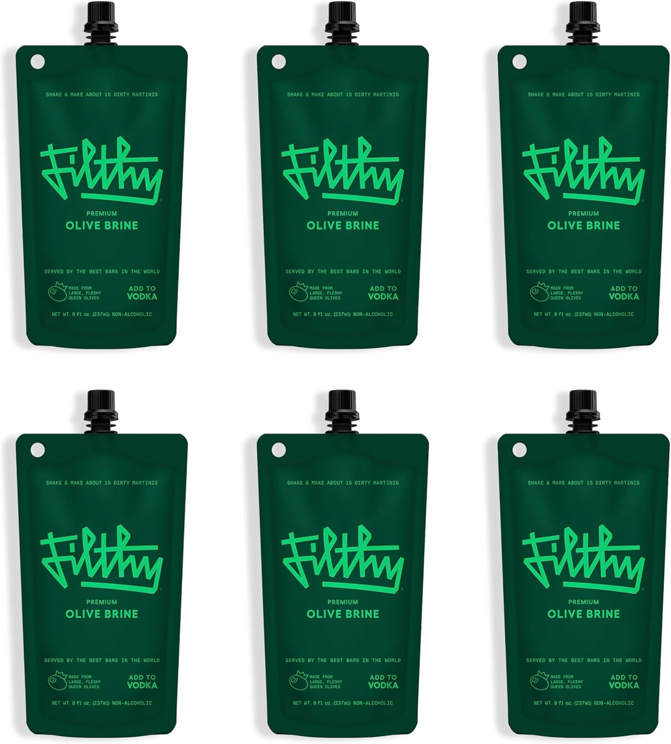 Filthy Olive Brine, Premium Cocktail Mixer, Filtered for Dirty Martinis, Olive Juice for Cocktails, Made from Naturally Cured Olives, Non-GMO, Gluten Free, 8 Oz Pouch, 6 Pack
