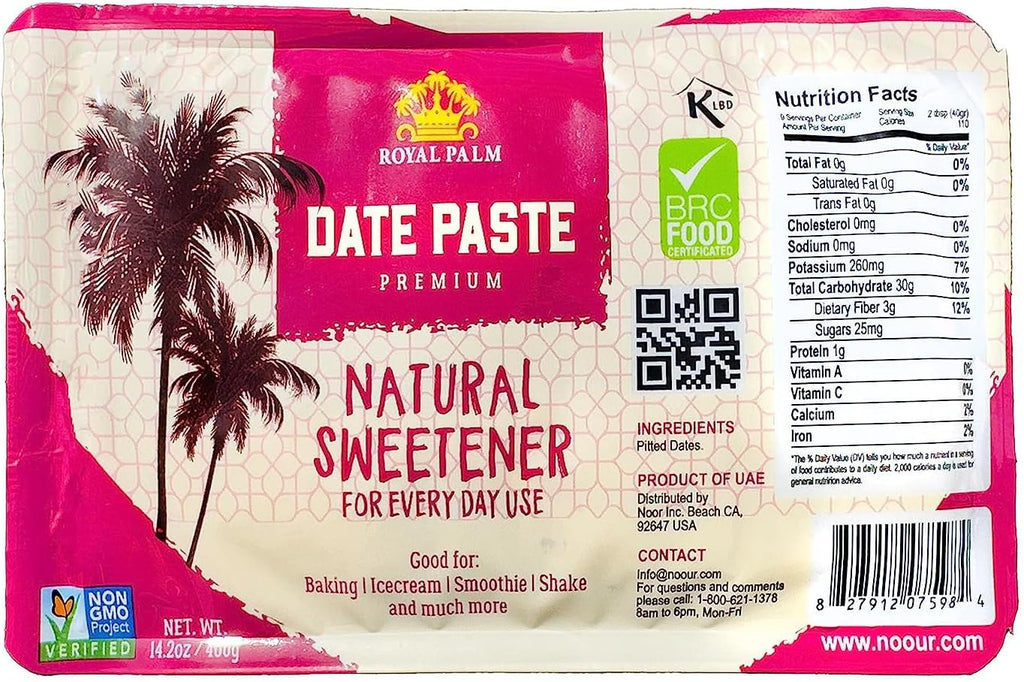 Royal Palm Premium Date Paste 14.2oz (400g), Natural, Pure, Non-GMO, Vegan Date Paste Healthy Sweetener for Baking & Cooking, Gluten-Free, Premium Quality date paste for baking